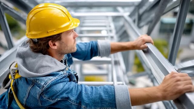 A male construction worker in his 30s wearing a hard hat climbs a metal ladder at a building site, focusing on safety and structural engineering - Powered by Adobe
