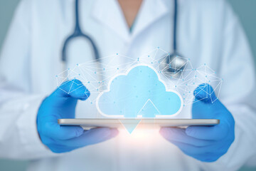 Doctor using digital tablet with cloud computing and network connection, concept of healthcare data storage and digital health