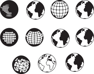 Obraz premium Black and White Globe Icon Set Featuring Twelve Variations with Continental Outlines, Grid Lines, Abstract Patterns, and Solid Silhouettes