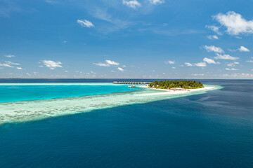 Outstanding aerial view tropical Maldives island sandbar coral reef lagoon bay turquoise sea horizon blue sky exotic coast luxury travel summer holiday destination scenic ocean beach wallpaper