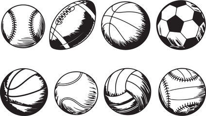 Obraz premium Black and White Sports Balls Icon Set Featuring Eight Detailed Illustrations of Baseball, Football, Basketball, Soccer, Tennis, Volleyball, and Softball