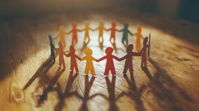Paper cutout people holding hands in circle on wooden surface casting long shadows symbolizing unity teamwork community warm light shadow teamwork community