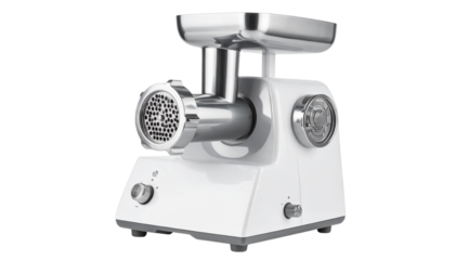 Heavy-duty manual stainless steel meat grinder for home use isolated on solid white background in Png