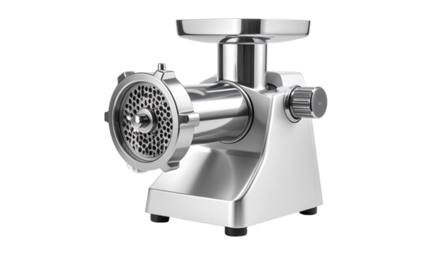 Heavy-duty manual stainless steel meat grinder for home use isolated on solid white background Png form