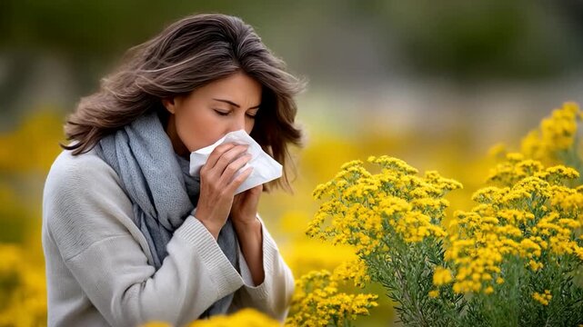 A young  woman sneezes into a tissue amid blooming yellow flowers, capturing seasonal allergies and spring wellness in an outdoor setting rhinitis hay fever