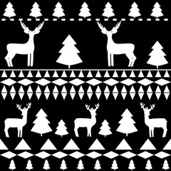 Deer, christmas trees monochrome horizontal seamless