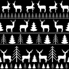 Deer, christmas trees monochrome horizontal seamless
