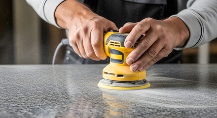 Man using electric sander on granite countertop. Stone mason polishing rock surface. Construction and renovation concept.