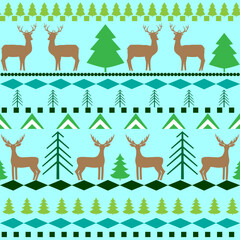 Colorful deer and trees on blue pattern