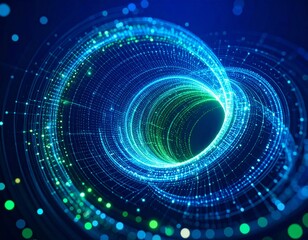 Obraz premium Swirling Data Vortex: Glowing Blue & Green Points in Digital Space. Mesmerizing Abstract Tech & Information Flow