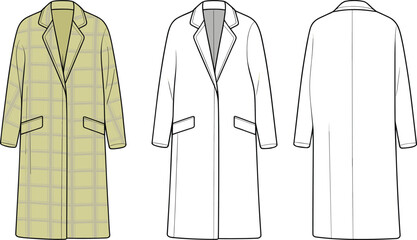 Cad drawing flat vector illustration, plaid long coat fashion sketch, technical outerwear design, front and back view, overcoat template design
