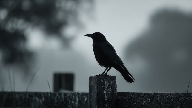 Dramatic crow on fence at twilight