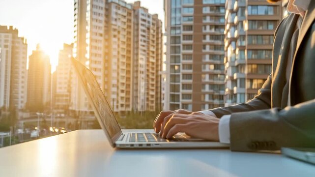 Businessman builder, investor or realtor working on laptop on background of city with multi-storey buildings. Real estate business, housing development, property management concept