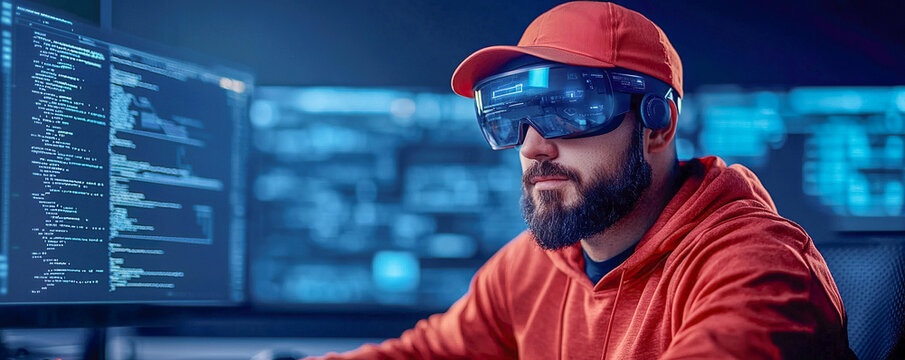 Futuristic VR workstation holographic display coding technology virtual reality programmer focused modern innovation digital workspace