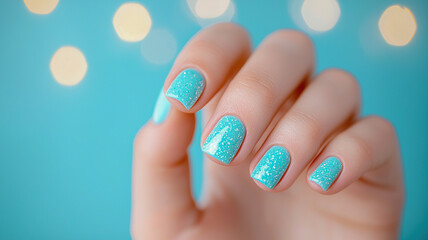 Close up of hand displaying beautifully manicured nails painted vibrant turquoise color with glitter accents, set against soft blue background