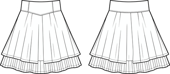 CAD Drawing Flat Vector Illustration, Pleated Mini Skirt Design with Layered Hem, Front and Back Fashion Technical Sketch, Flared Skirt Template
CAD Drawing Flat Vector Illustration, Pleated Mini 