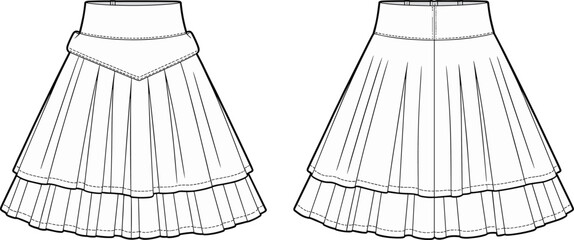 CAD Drawing Flat Vector Illustration, Pleated Layered Skirt Design, Front and Back Technical Fashion Sketch, Flared High Waist Skirt Template
CAD Drawing Flat Vector Illustration, Pleated Layered 