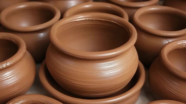 Handmade Clay Pots and Vessels in Natural Brown Color Close Up
