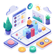 Isometric illustration of business analytics and data visualization isolated on white background