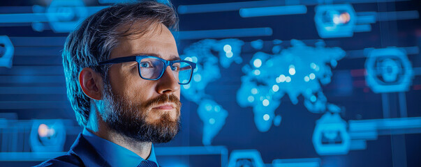 Innovative entrepreneur analyzing global data trends with digital interface in background, showcasing modern business environment