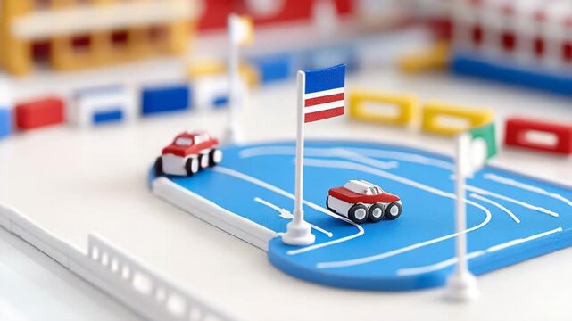 Colorful Toy Race Track with Miniature Cars and Flags on Display