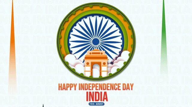 Looping 4K animation of India Gate under Ashoka Chakra in paper cut style, jets flying with tricolor smoke trails, celebrating Indian Independence Day on 15th August with festive elements.