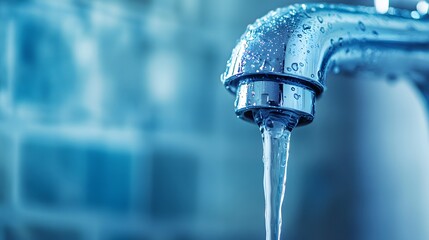 Close-Up of Chrome Bathroom Faucet with Running Water and Droplets perfect for plumbing service ads, water conservation campaigns, home utility guides, and clean living branding
