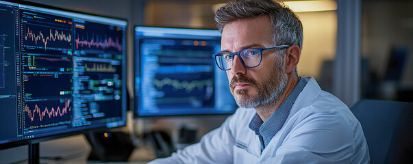 Focused professional in lab coat analyzes data on multiple computer screens, showcasing modern workspace filled with technology and graphs