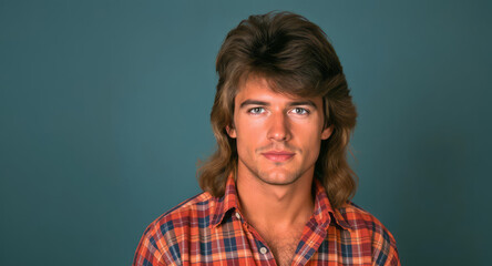 Young man with long hair wearing plaid shirt posing confidently with neutral background