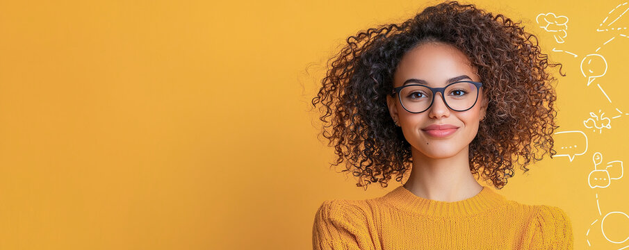 Confident woman with curly hair wearing glasses smiles against vibrant yellow background, embodying blend of professionalism and approachability