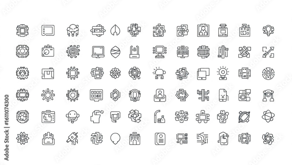 Fototapete collection of various abstract line icons representing technology and design elements in a grid layo
