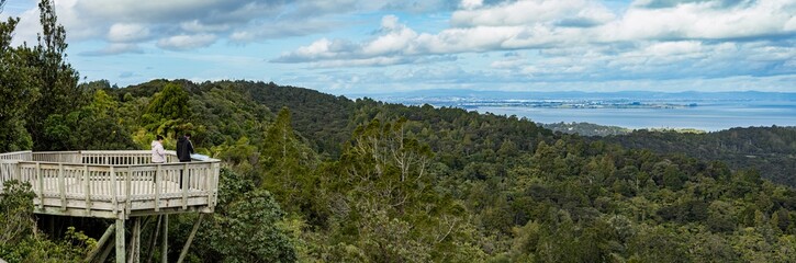 Tourists enjoy the panoramic view from a wooden platform overlooking lush forest and the sea in New Zealand. Scenic landscape, travel destination. Arataki Visitor centre.