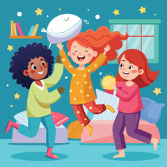 Cartoon vector illustration of joyful children playing in the snow at night