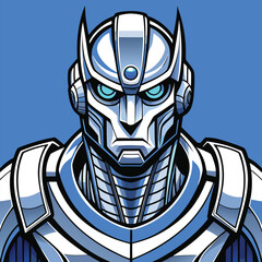 A futuristic vector illustration of a blue robot head with an android face and artificial intelligence technology