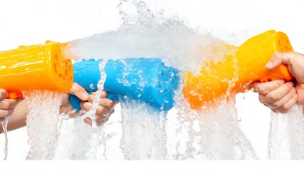 Colorful water guns splashing water in playful summer fun - Powered by Adobe