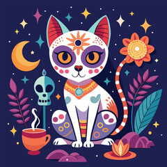 Funny kitten cartoon on the moon and night with a cute heart and fish drawing