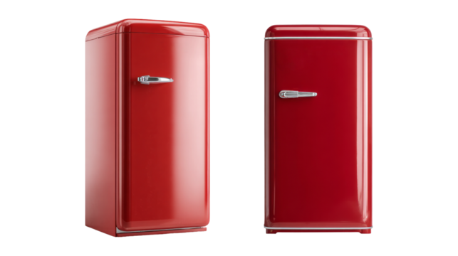 Retro red refrigerator and vintage fridge with shiny surface isolated, transparent background