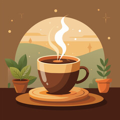 A steaming cup of hot espresso coffee on a brown wooden table, perfect for a cozy morning breakfast at a cafe