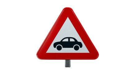 Car warning road sign with red border and black car icon isolated, transparent background