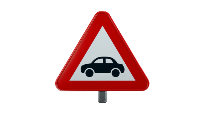 Car warning road sign with red border and black car icon isolated, transparent background