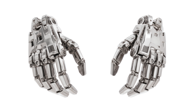Robot hand with mechanical fingers isolated, transparent background