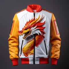 Fashion bomber jacket with fiery dragon artwork and glowing flame details on sleeves, featuring fantasy-style embroidery and epic creature design – perfect for cosplay and streetwear.