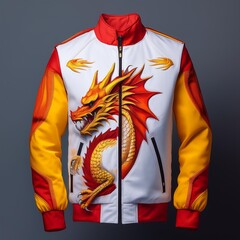 Fashion bomber jacket with fiery dragon artwork and glowing flame details on sleeves, featuring fantasy-style embroidery and epic creature design – perfect for cosplay and streetwear.