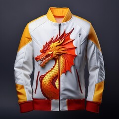 Fashion bomber jacket with fiery dragon artwork and glowing flame details on sleeves, featuring fantasy-style embroidery and epic creature design – perfect for cosplay and streetwear.