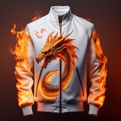 Fashion bomber jacket with fiery dragon artwork and glowing flame details on sleeves, featuring fantasy-style embroidery and epic creature design – perfect for cosplay and streetwear.