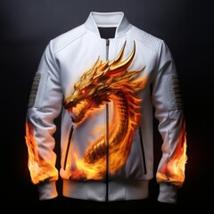 Fashion bomber jacket with fiery dragon artwork and glowing flame details on sleeves, featuring fantasy-style embroidery and epic creature design – perfect for cosplay and streetwear.