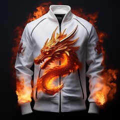 Fashion bomber jacket with fiery dragon artwork and glowing flame details on sleeves, featuring fantasy-style embroidery and epic creature design – perfect for cosplay and streetwear.