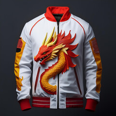 Fashion bomber jacket with fiery dragon artwork and glowing flame details on sleeves, featuring fantasy-style embroidery and epic creature design – perfect for cosplay and streetwear.