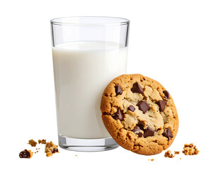 Classic Chocolate Chip Cookie with Glass of Milk Isolated on Transparent Background PNG
