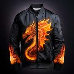 Fashion bomber jacket with fiery dragon artwork and glowing flame details on sleeves, featuring fantasy-style embroidery and epic creature design – perfect for cosplay and streetwear.